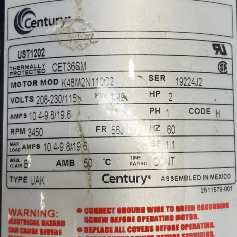 Ust1202 Genuine Century Flange Pump Motor 208-230/115V 2
