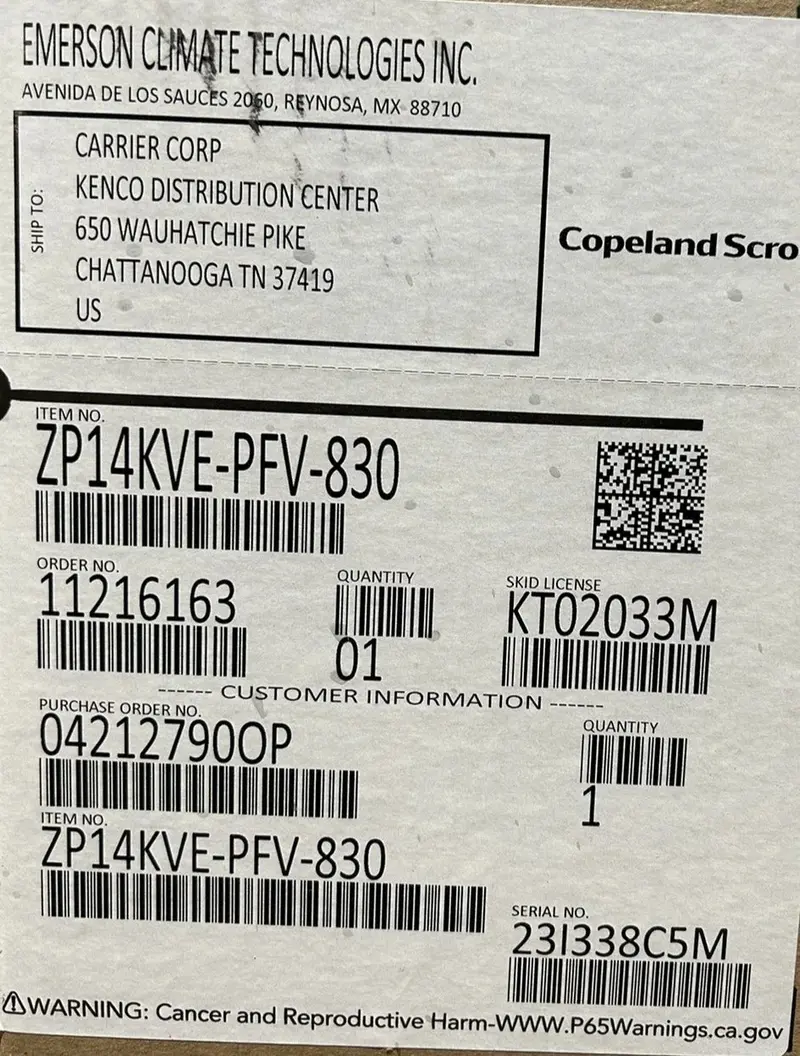 Zp14kve-Pfv-830 Genuine Copeland Scroll Compressor 208-230V 1