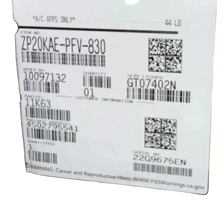 Zp20kae-Pfv-830 Genuine Copeland Scroll Compressor 208-230V 1