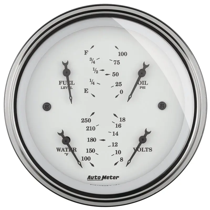 Autometer Quad Gauge Cluster – 3-3/8-Inch Diameter, 0–90 Ohm Electric Sending Unit, Vintage White Face 1
