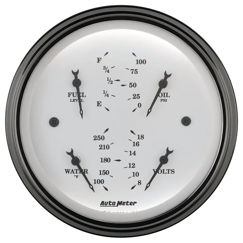 Autometer Quad Gauge Cluster – 3-3/8-Inch Diameter, 0–90 Ohm Electric Sending Unit, Vintage White Face 2