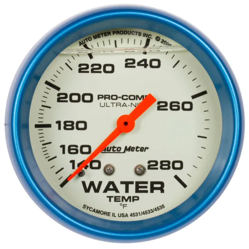 Autometer Ultra-Nite Glow-In-The-Dark Liquid-Filled Mechanical Water Temperature Gauge — 2-5/8" Dial, 140–280°F, 4-Foot Sensor 1