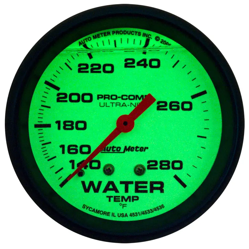 Autometer Ultra-Nite Glow-In-The-Dark Liquid-Filled Mechanical Water Temperature Gauge — 2-5/8" Dial, 140–280°F, 4-Foot Sensor 2
